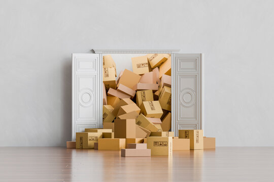 3D package doorway spill with boxes entering empty room