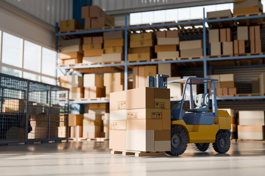 3D warehouse forklift moving pallet boxes in storage aisle