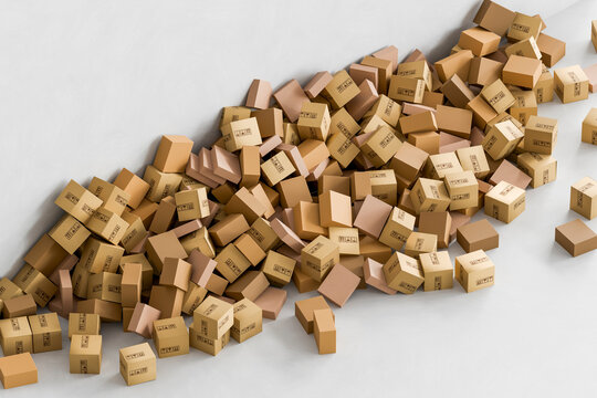 3D cardboard package flow across clean studio floor