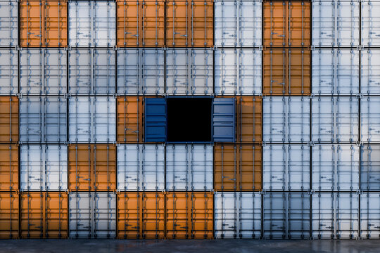 3D orange container bay within patterned industrial wall