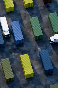 3D aerial container grid with colored boxes and truck