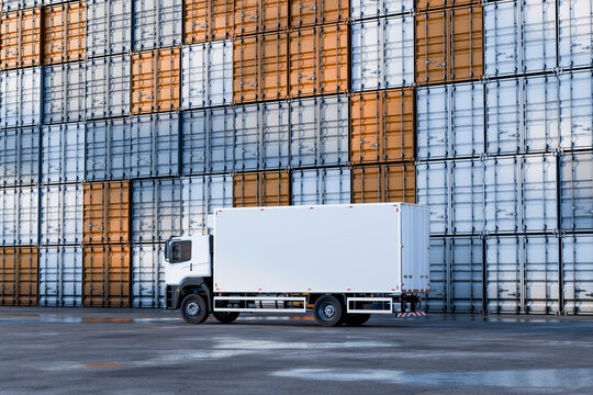 3D stacked port truck parked under container wall