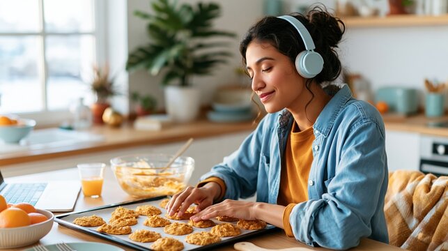 A young woman enjoys her time baking cookies, wearing headphones, showing a joyful atmosphere as she places dough on the tray, surrounded by a cozy kitchen setting.
