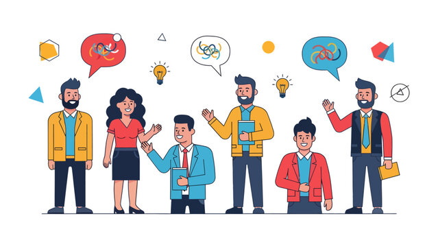 Teamwork and Idea Generation: A group of diverse professionals engages in a vibrant discussion, their thought bubbles filled with innovative ideas and concepts.