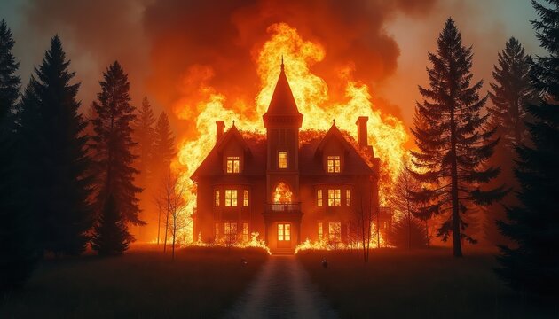 Victorian mansion burns fiercely in dense forest at night. Intense orange flames engulf house and surrounding pine trees. Smoke and fire rise into dark sky, creating inferno.