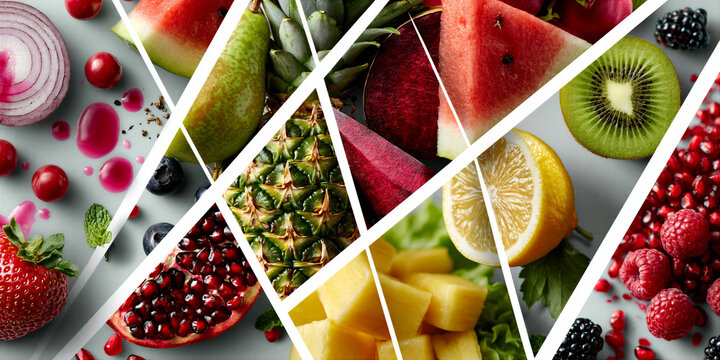 a montage of colourful fresh fruit and vegetables images in a grid formation separated by a white keyline creating a dynamic layout