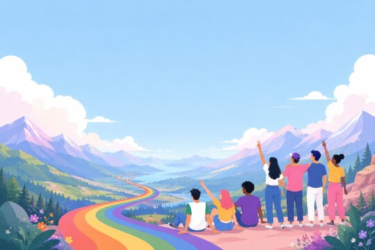 Dreamy Pride Month illustrations featuring rainbow pathways, inclusive communities and whimsical fantasy landscapes celebrating diversity, love and belonging.