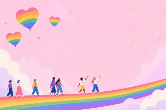 Dreamy Pride Month illustrations featuring rainbow pathways, inclusive communities and whimsical fantasy landscapes celebrating diversity, love and belonging.