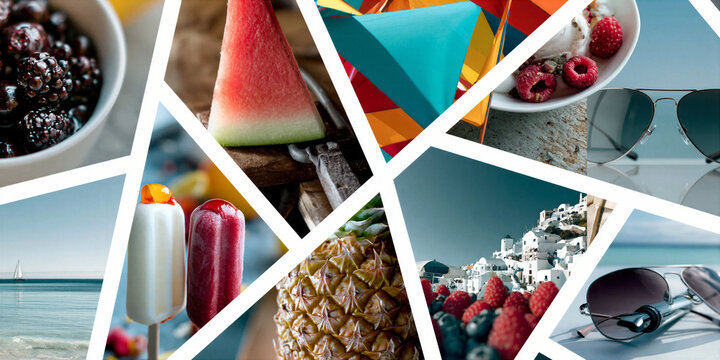 montage of summer holiday images in a grid formation separated by a white keyline creating a dynamic layout