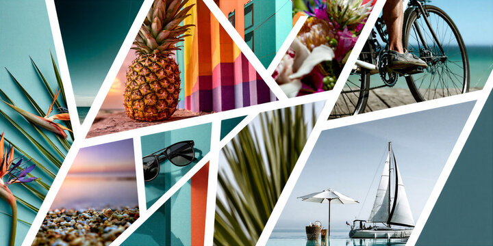 montage of summer holiday images in a grid formation separated by a white keyline creating a dynamic layout