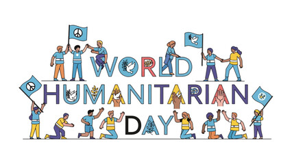 Fototapeta premium World Humanitarian Day Celebration: Diverse group of people celebrating World Humanitarian Day with flags and unity, representing global compassion and support.