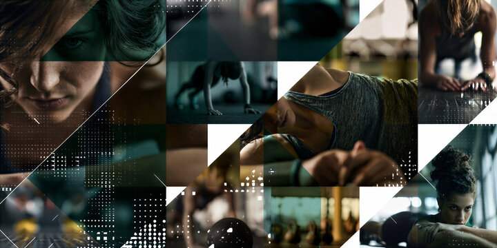 a montage of gym workout, exercise and cardio images in a grid formation separated by a white keyline creating a dynamic layout