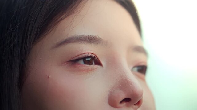 Close up macro shot of young Asian woman slowly opening her brown eyes and looking forward with hope. Beautiful female face showing clean skin, natural eyelashes, and peaceful expression for skincare