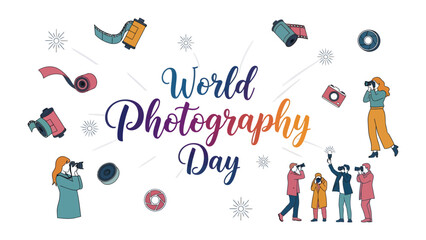Naklejka premium World Photography Day Celebration: Artistic illustration depicts people celebrating World Photography Day, surrounded by film rolls, cameras, and festive snowflakes.
