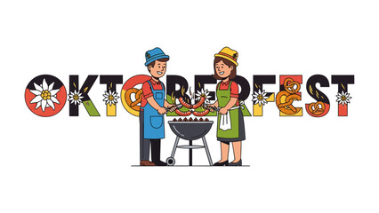 Oktoberfest Celebration with Barbecue: A cheerful couple stands at a barbecue grill during an Oktoberfest celebration, with the word OKTOBERFEST stylized in bold. © Md