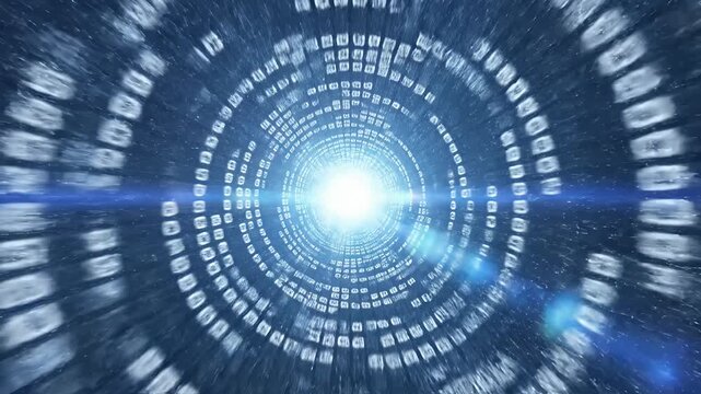 Abstract blue light tunnel with white binary code rings.