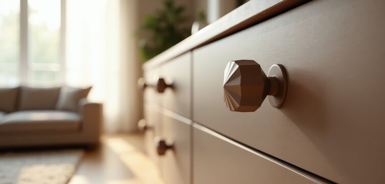 Modern geometric drawer knobs adorn taupe cabinets in a well-lit room with sofa. Faceted design adds stylish detail to furniture. Interior design inspiration for home decor.