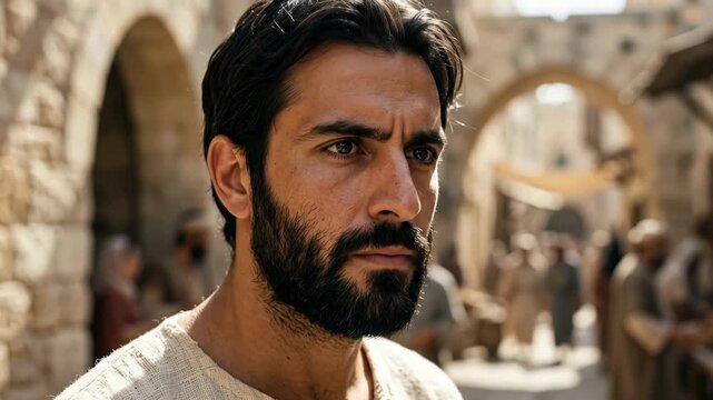 Apostle Paul intensely speaking to a mature bearded disciple expressing deep faith and religious devotion in a crowded ancient middle eastern stone city street during early Christian ministry times