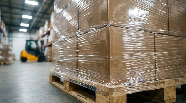 A pallet wrapped in clear stretch film sits on a wooden pallet in a warehouse for secure shipping.