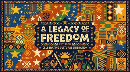 "A Legacy of Freedom" is written on a flat design with stars and motifs inspired by Africa