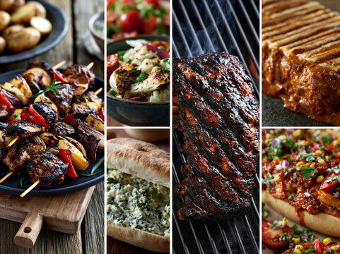 a montage of mouthwatering barbecue images in a grid formation separated by a white keyline creating a dynamic layout