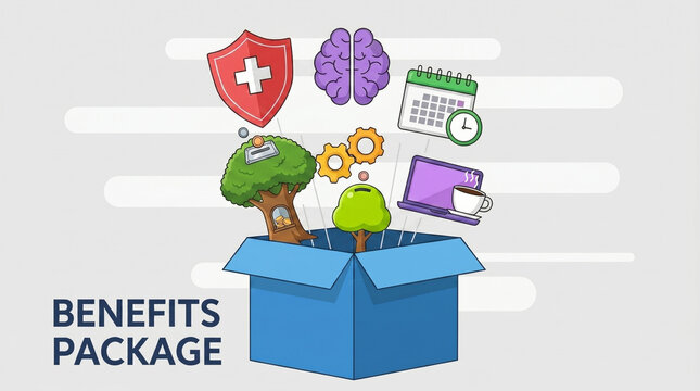 Employee benefits package represents variety of essential perks offered by company to its staff including health insurance, mental wellness, and flexible work schedules.