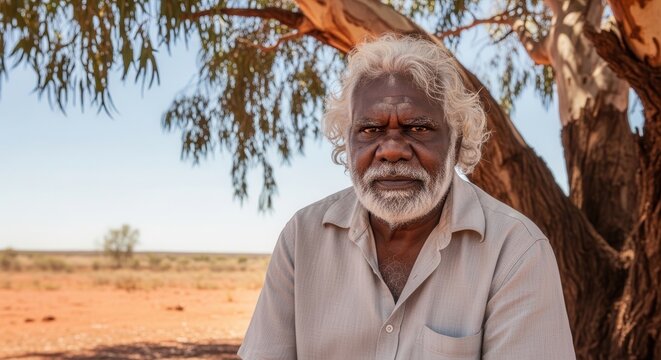 Elderly Aboriginal man sitting under a tree in the Australian outback