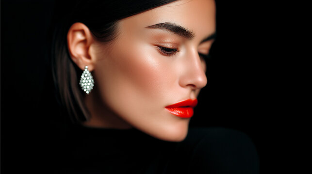Halloween fashion portrait, woman profile with glossy red lipstick, dramatic dark beauty makeup, luxury earring sparkle, moody studio styling, elegant gothic vibe for party season.
