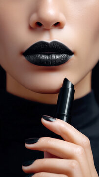 Halloween beauty closeup with black lipstick and cosmetic tube, gothic fashion makeup concept, dramatic dark glamour, clean studio portrait detail, bold lip texture and manicure for spooky party style