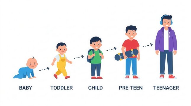 Educational diagram of child development milestones from infancy to adolescence.