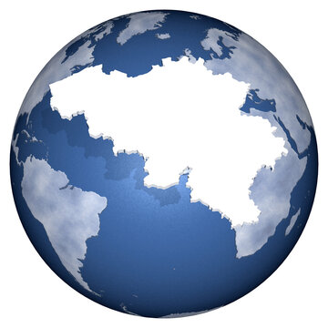 Sagoma del Belgio sovrapposta al globo terrestre, simbolo di identit&agrave; nazionale, presenza internazionale e connessione tra Belgio ed Europa.