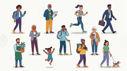Fototapeta premium Cartoon vector illustration of a diverse group of happy business people walking together as a team, including men, women and children in a fun family and sport themed style