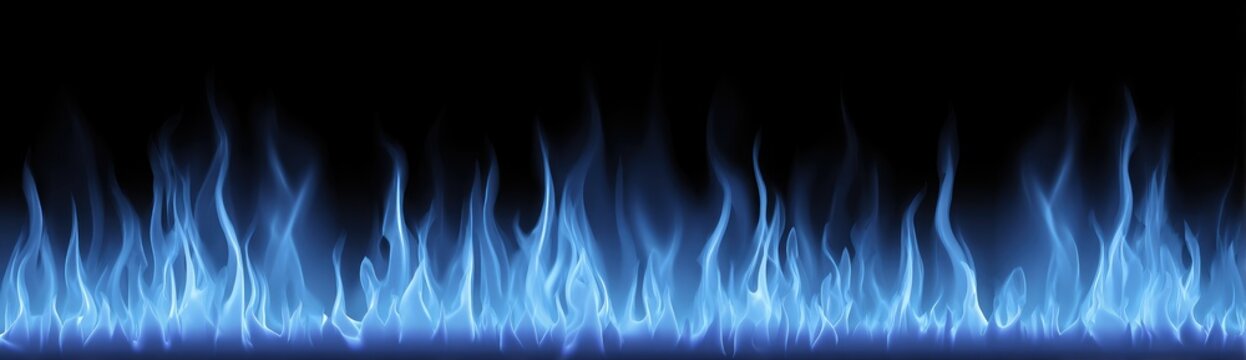 A vibrant, horizontal illustration features a band of stylized blue flames against a stark black background. The flames rise and dance, providing a striking visual