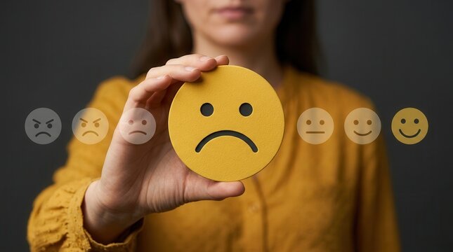 A hand holding a sad emoji to manage customer questions and complaints effectively.