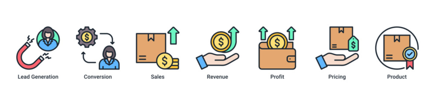 Sales Boost web banner icon vector illustration with icons of Lead Generation, Conversion, Sales, Revenue, Profit, Pricing and Product