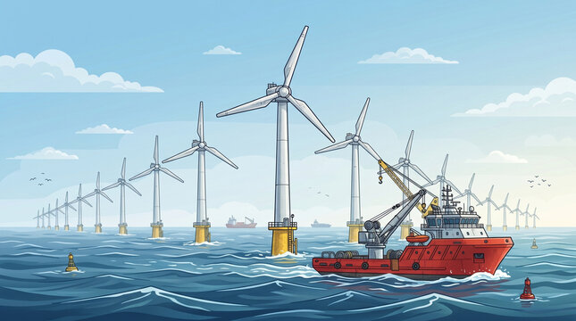 Offshore wind farm with large turbines in ocean and service vessel ship performing maintenance work on green energy power generation infrastructure in stylized cartoon drawing.