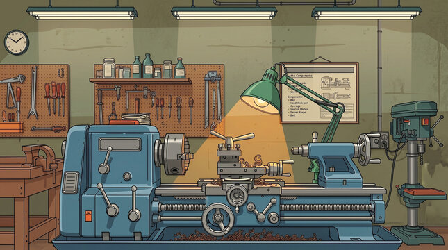 Metal turning lathe machine in workshop with tools on wall pegboard shelves and workbench in vintage style illustration showing precise mechanical manufacturing equipment setup.