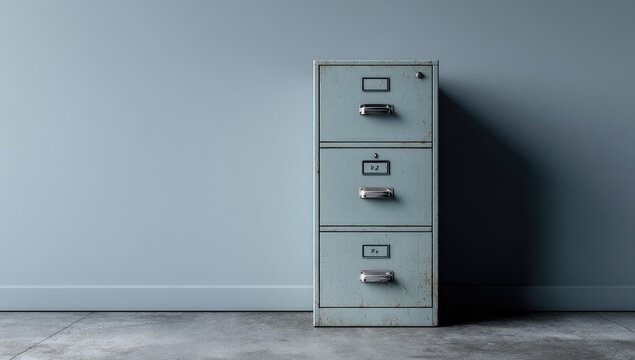 A vintage, three-drawer metal filing cabinet stands against a muted blue wall and concrete floor, casting shadows. The cabinet shows signs of age