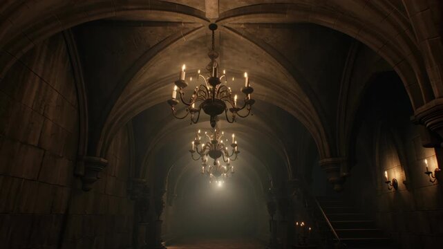 Moving point of view through a dark gothic corridor inside a haunted mansion with flickering candles and chandeliers