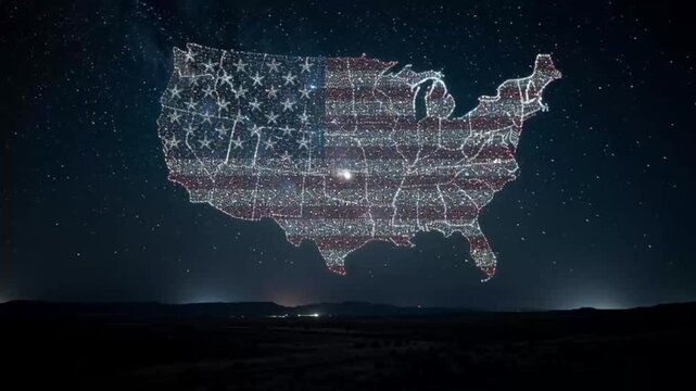 Us map with flag pattern glowing in the starry night sky
