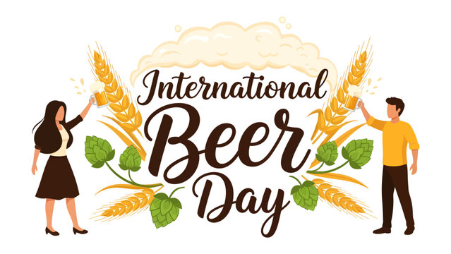 International Beer Day Celebration: A festive graphic illustration showcasing the joyous spirit of International Beer Day with stylized wheat, hops, and frothy beer.