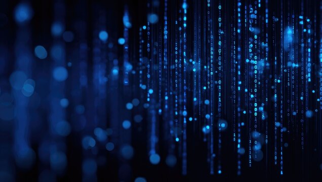 An abstract, digital artwork featuring glowing blue dots and lines that evoke data streams or a futuristic cityscape. Dark background