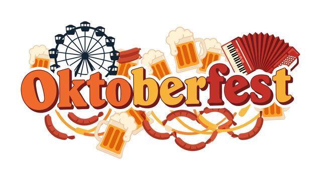 Oktoberfest Celebration Elements: An illustration capturing the vibrant spirit of Oktoberfest, featuring a Ferris wheel, steins of beer, sausages, and an accordion.
