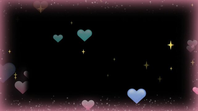 Hearts of various pastel colors float gently against a dark frame with shimmering sparkles and soft light.