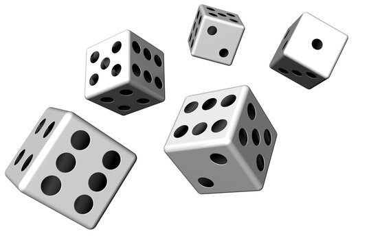 Cinque dadi bianchi sospesi in aria, simbolo di gioco, fortuna e probabilit&agrave;. Ideale per temi gaming, rischio, statistica, decisioni e concetti di casualit&agrave;.