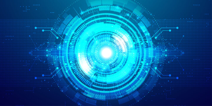 Digital technology background with central glowing circular interface and circuit patterns.