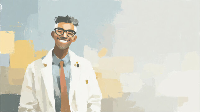 An oil painting of a smiling doctor wearing glasses / 眼鏡をかけた笑顔の医師の油彩イラスト
