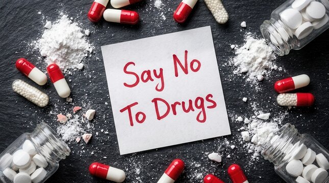 Say no to drugs written on a paper note surrounded by pills and powder.