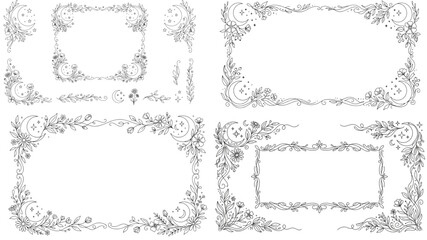 Vintage Rustic Boho Floral Corner Frame Constructor Set with Oak Leaves, Wheat Stems and Climbing Vines – Botanical Line Art Vector Collection © Deshan