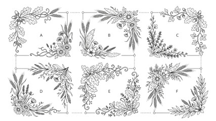 Vintage Rustic Boho Floral Corner Frame Constructor Set with Oak Leaves, Wheat Stems and Climbing Vines – Botanical Line Art Vector Collection © Deshan